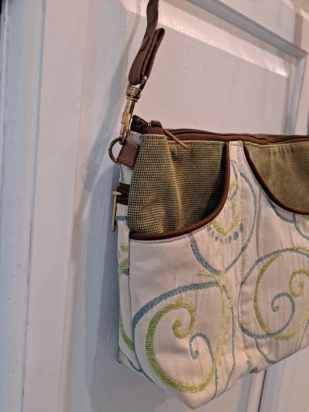 DANNY K. Cream Canvas Crossbody Green & Blue Embroidered Abstract Swirl Accents